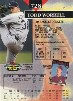 1993 Stadium Club - Members Only #728 Todd Worrell Back
