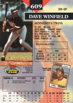 1993 Stadium Club - Members Only #609 Dave Winfield Back