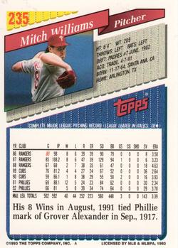 1993 Topps - Gold #235 Mitch Williams Back