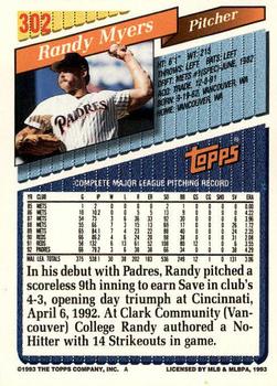 1993 Topps - Gold #302 Randy Myers Back