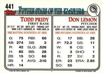 1993 Topps - Gold #441 Don Lemon / Todd Pridy Back