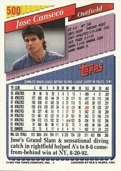 1993 Topps - Gold #500 Jose Canseco Back