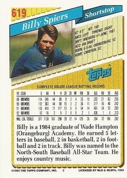 1993 Topps - Gold #619 Bill Spiers Back