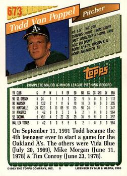 1993 Topps - Gold #673 Todd Van Poppel Back