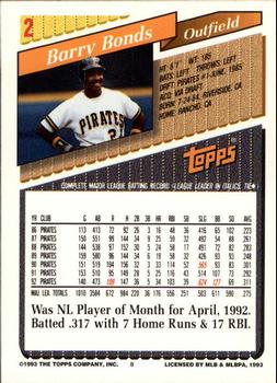 1993 Topps - Inaugural Marlins #2 Barry Bonds Back