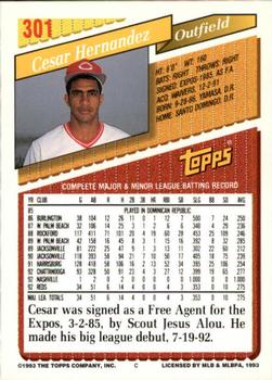 1993 Topps - Inaugural Marlins #301 Cesar Hernandez Back
