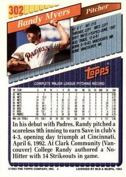 1993 Topps - Inaugural Marlins #302 Randy Myers Back