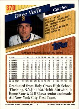 1993 Topps - Inaugural Marlins #370 Dave Valle Back