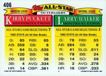 1993 Topps - Inaugural Marlins #406 Larry Walker / Kirby Puckett Back