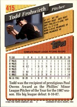 1993 Topps - Inaugural Marlins #415 Todd Frohwirth Back