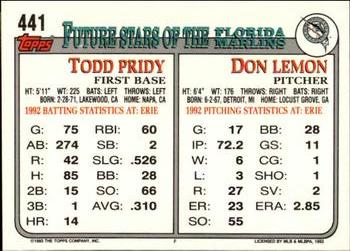 1993 Topps - Inaugural Marlins #441 Don Lemon / Todd Pridy Back