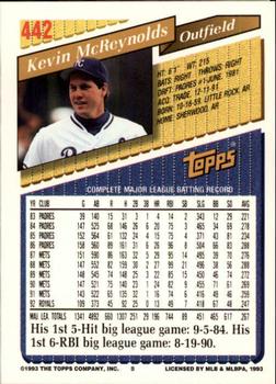 1993 Topps - Inaugural Marlins #442 Kevin McReynolds Back