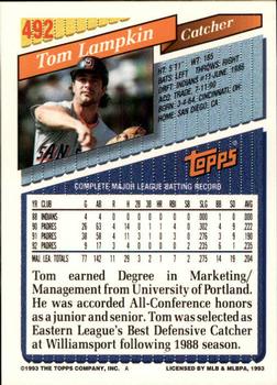1993 Topps - Inaugural Marlins #492 Tom Lampkin Back