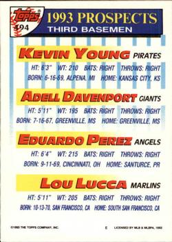 1993 Topps - Inaugural Marlins #494 Kevin Young / Adell Davenport / Eduardo Perez / Lou Lucca Back