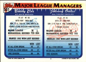1993 Topps - Inaugural Marlins #501 Johnny Oates / Bobby Cox Back