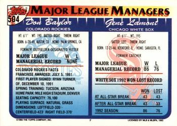 1993 Topps - Inaugural Marlins #504 Gene Lamont / Don Baylor Back
