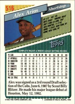 1993 Topps - Inaugural Marlins #516 Alex Arias Back