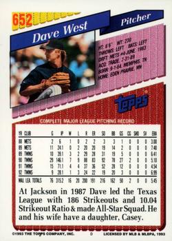 1993 Topps - Inaugural Marlins #652 Dave West Back