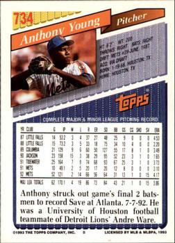 1993 Topps - Inaugural Marlins #734 Anthony Young Back