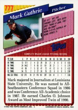 1993 Topps - Inaugural Marlins #777 Mark Guthrie Back