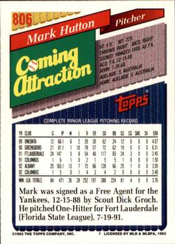 1993 Topps - Inaugural Marlins #806 Mark Hutton Back