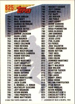 1993 Topps - Inaugural Marlins #825 Checklist: 692-825 Back