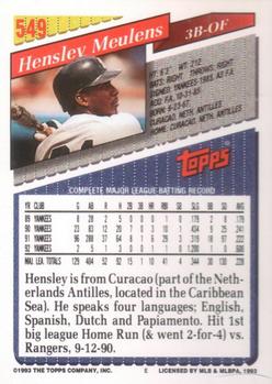 1993 Topps - Inaugural Marlins #549 Hensley Meulens Back