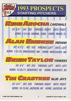 1993 Topps - Inaugural Marlins #742 Rene Arocha / Alan Embree / Brien Taylor / Tim Crabtree Back