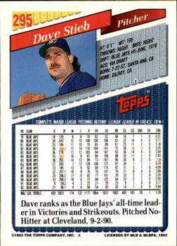 1993 Topps - Inaugural Rockies #295 Dave Stieb Back