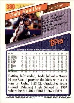 1993 Topps - Inaugural Rockies #380 Todd Hundley Back