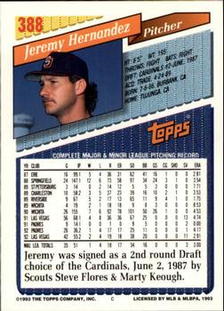 1993 Topps - Inaugural Rockies #388 Jeremy Hernandez Back