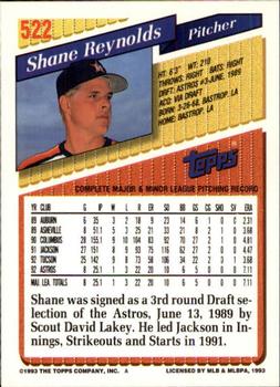 1993 Topps - Inaugural Rockies #522 Shane Reynolds Back