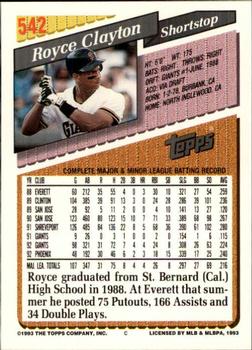 1993 Topps - Inaugural Rockies #542 Royce Clayton Back
