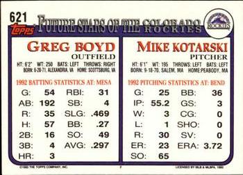 1993 Topps - Inaugural Rockies #621 Mike Kotarski / Greg Boyd Back