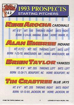 1993 Topps - Inaugural Rockies #742 Rene Arocha / Alan Embree / Brien Taylor / Tim Crabtree Back