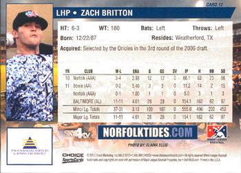 2012 Choice Norfolk Tides #12 Zach Britton Back