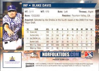 2012 Choice Norfolk Tides #13 Blake Davis Back