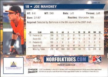 2012 Choice Norfolk Tides #24 Joe Mahoney Back