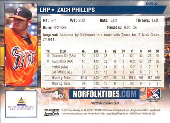 2012 Choice Norfolk Tides #30 Zach Phillips Back
