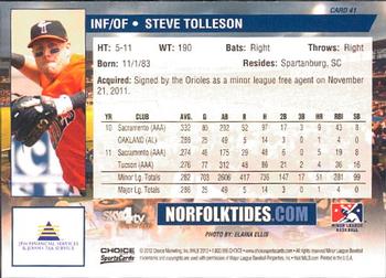 2012 Choice Norfolk Tides #41 Steve Tolleson Back