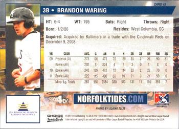 2012 Choice Norfolk Tides #43 Brandon Waring Back