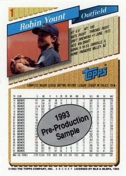 1992 Topps - 1993 Topps Pre-Production Samples #1 Robin Yount Back