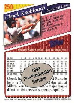 1992 Topps - 1993 Topps Pre-Production Samples #250 Chuck Knoblauch Back