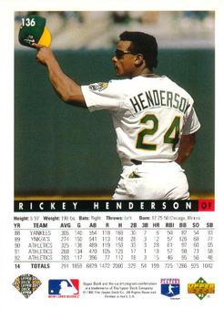 1993 Upper Deck - Gold Hologram #136 Rickey Henderson Back