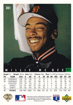 1993 Upper Deck - Gold Hologram #281 Willie McGee Back