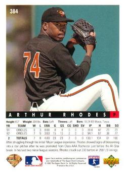 1993 Upper Deck - Gold Hologram #384 Arthur Rhodes Back