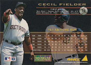 1994 Pinnacle - Museum Collection #10 Cecil Fielder Back