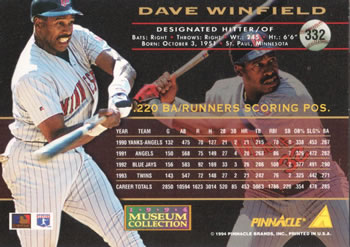 1994 Pinnacle - Museum Collection #332 Dave Winfield Back