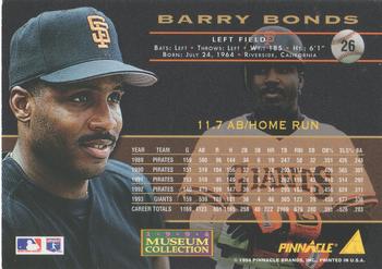 1994 Pinnacle - Museum Collection #26 Barry Bonds Back
