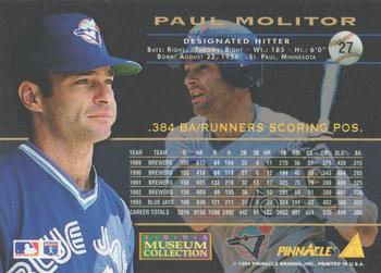 1994 Pinnacle - Museum Collection #27 Paul Molitor Back